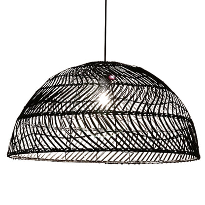 Contemporary earthy ceiling chandelier with three staggered open-weave dome shades reflecting comfortable amber illumination
