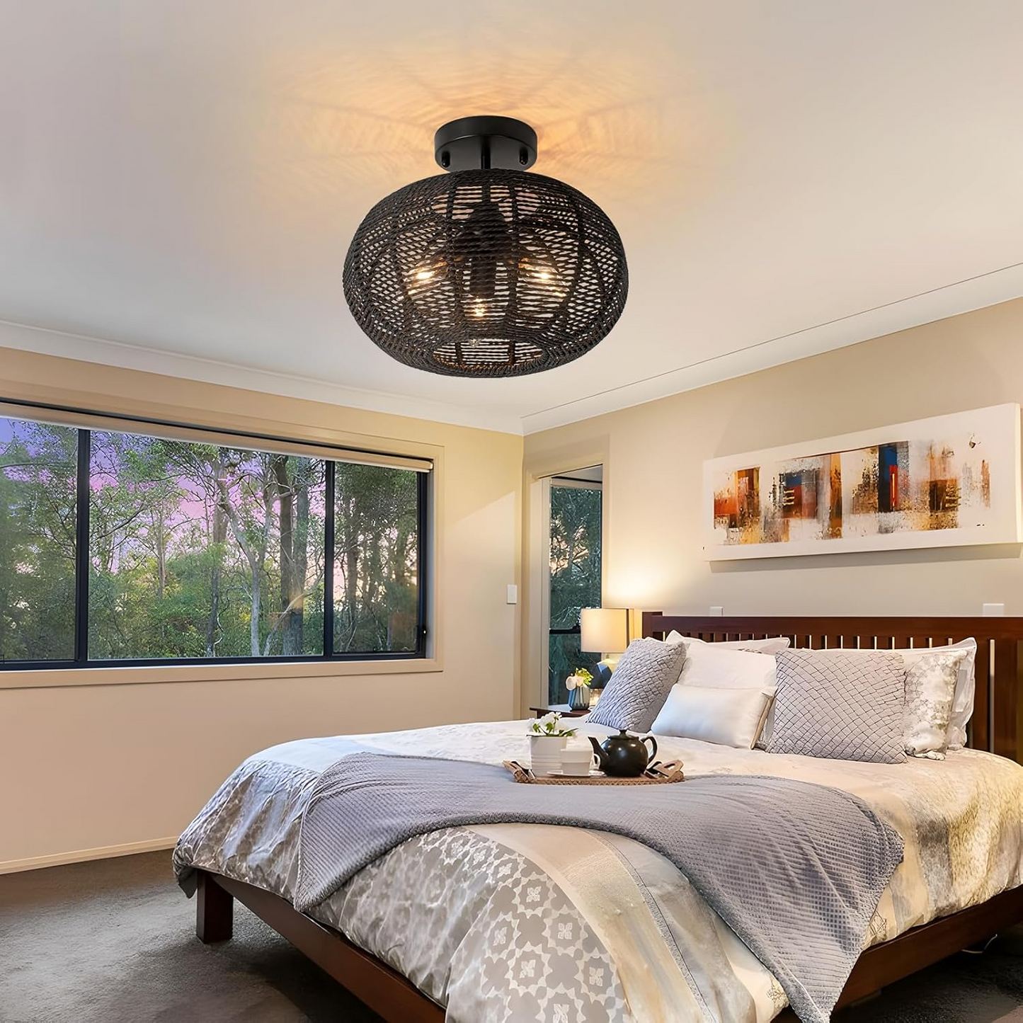 Minimalist natural fiber cage ceiling fixture featuring a structured, dark-toned woven design.