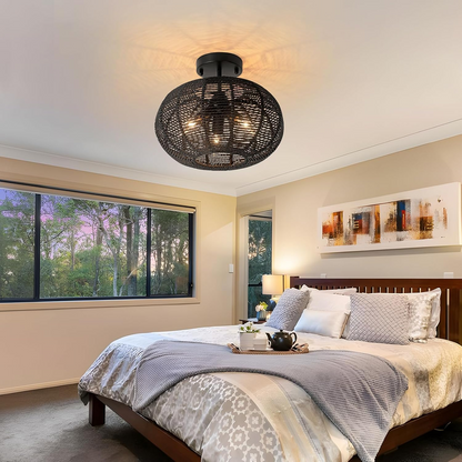 Minimalist natural fiber cage ceiling fixture featuring a structured, dark-toned woven design.