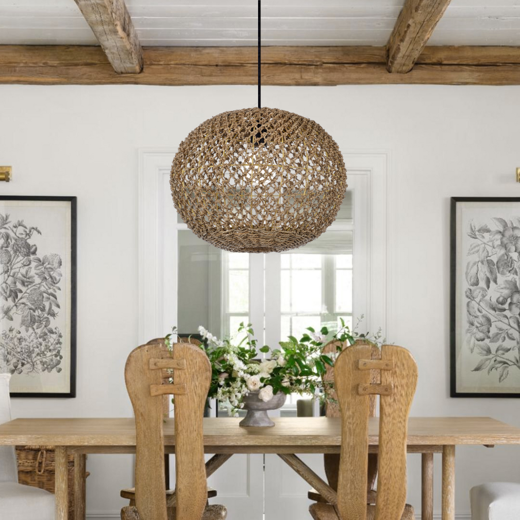 Minimalist natural fiber round pendant light fixture for clean and serene interior styling