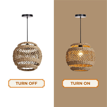 Minimalist natural fiber round pendant light fixture for clean and serene interior styling