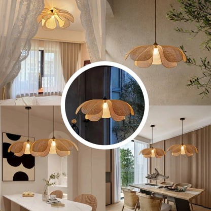 Modern woven floating blossom lamp with delicate curved segments and a dark slender cord hanging under a neutral ceiling setup.