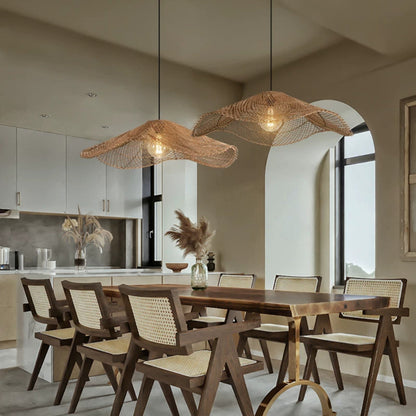 Sculptural woven net bamboo chandelier featuring a lightweight, see-through mesh structure that creates beautiful soft shadows.