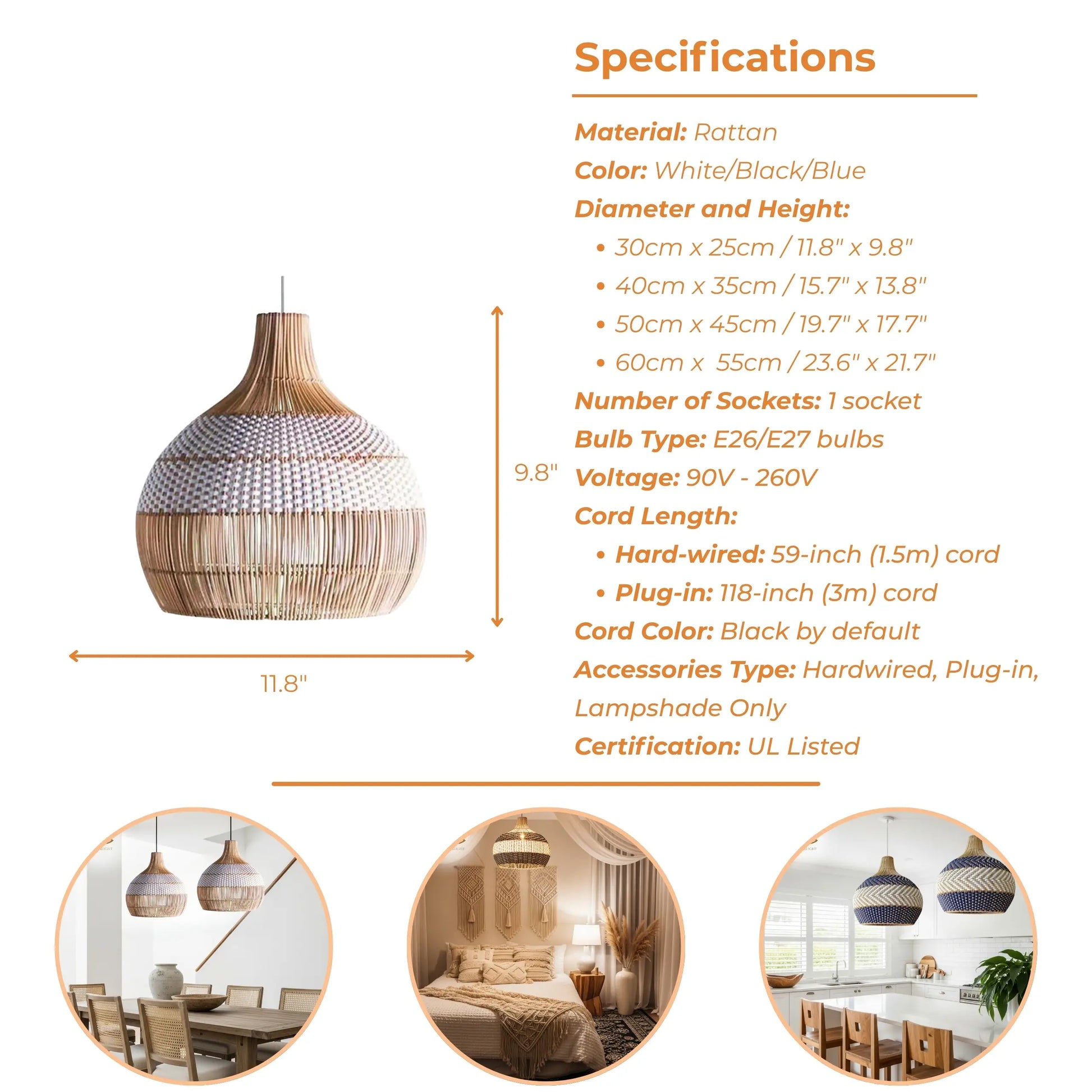 Textured bi-color floating pumpkin lamp suspended symmetrically from round wooden ceiling canopies and clean white cords