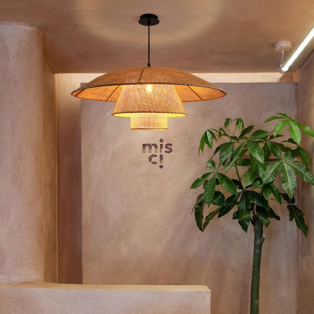 Minimalist tiered bamboo floating lamp displaying its thin internal wire structural ribs and uniform natural fiber weave grid from an under-view angle.