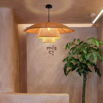 Minimalist tiered bamboo floating lamp displaying its thin internal wire structural ribs and uniform natural fiber weave grid from an under-view angle.