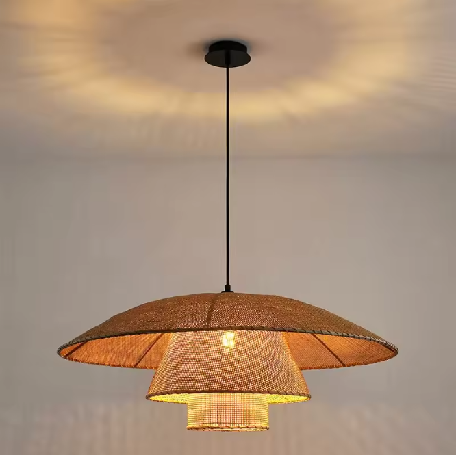 Minimalist tiered bamboo floating lamp displaying its thin internal wire structural ribs and uniform natural fiber weave grid from an under-view angle.