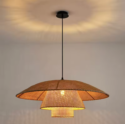 Minimalist tiered bamboo floating lamp displaying its thin internal wire structural ribs and uniform natural fiber weave grid from an under-view angle.