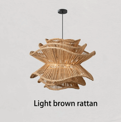Minimalist tiered ruffle rattan pendant light on a white studio background for modern home lighting.