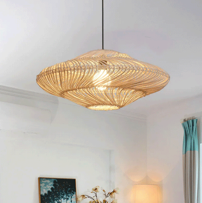 Minimalist woven rattan disc light showcasing a beautiful symmetry and artisan woodcraft style.