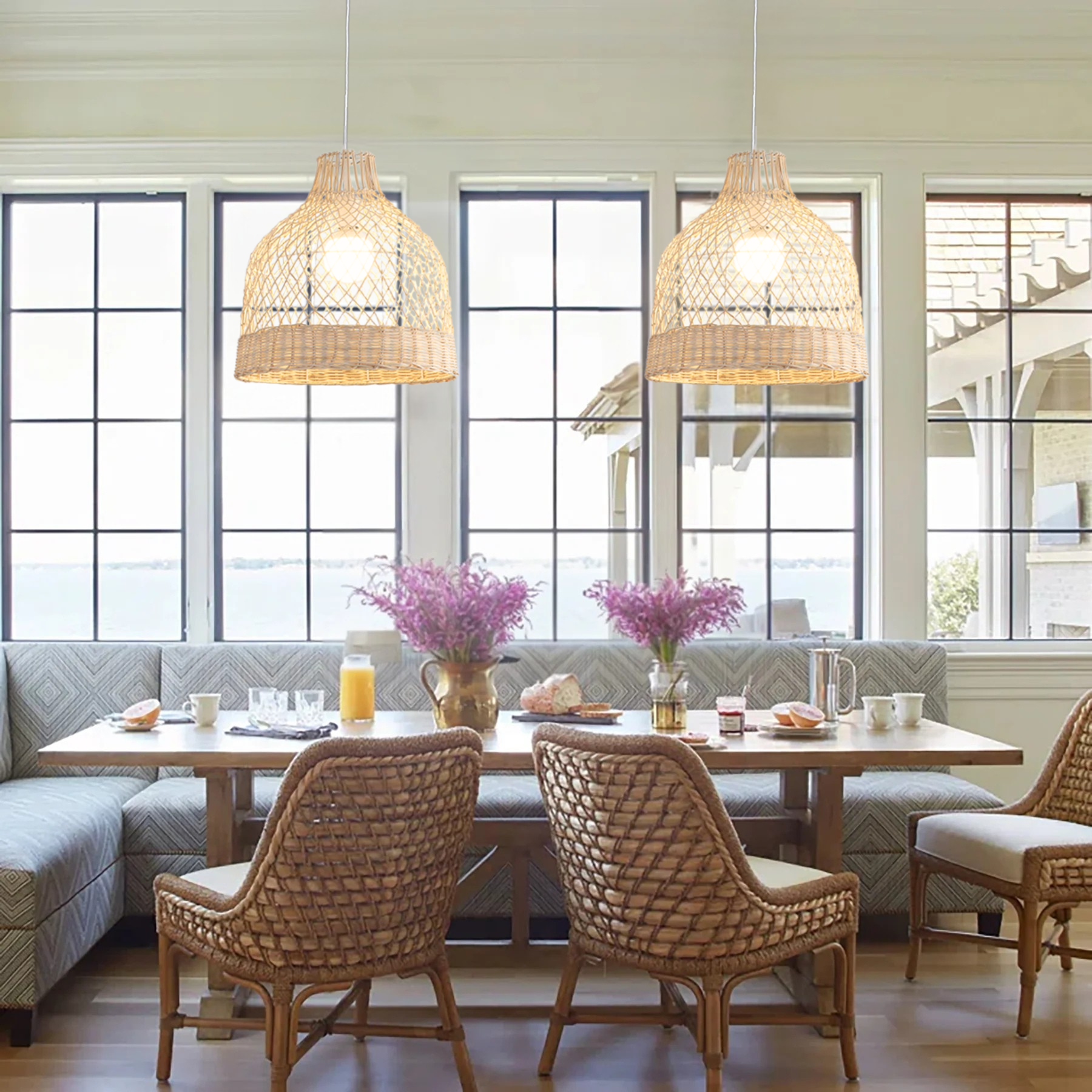 Minimalist woven seagrass ceiling pendant lights with warm interior lighting