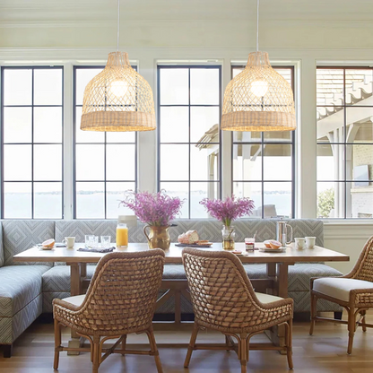 Minimalist woven seagrass ceiling pendant lights with warm interior lighting