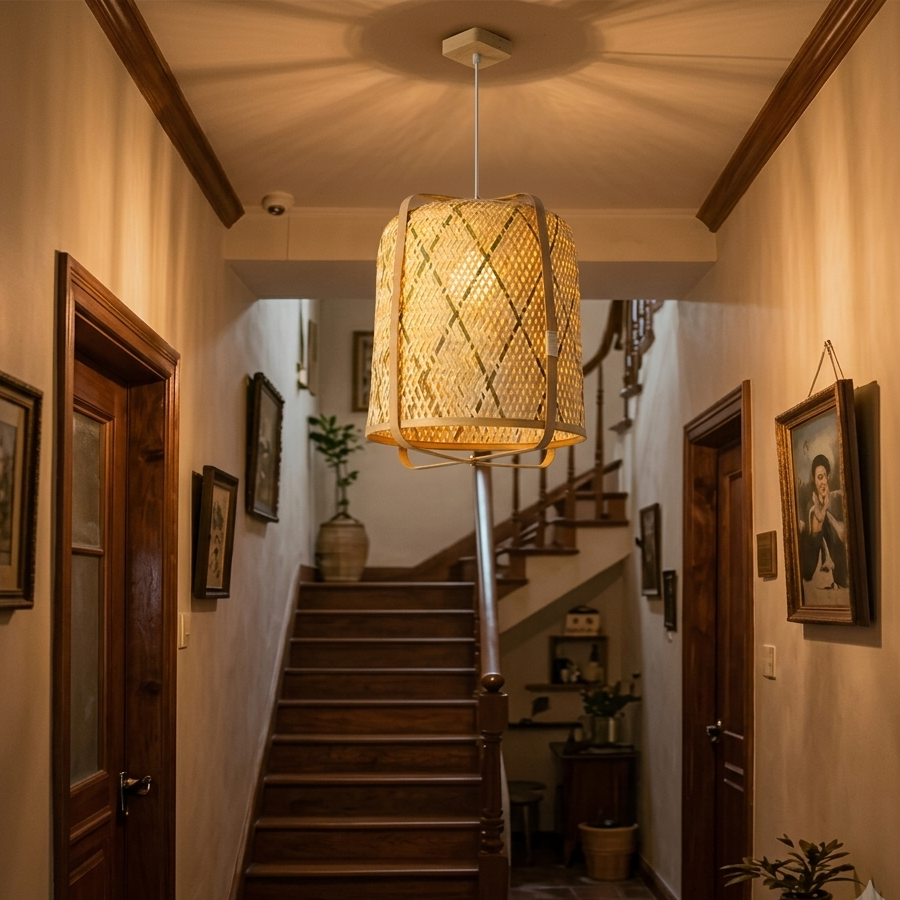 Decorative hallway hanging lamp, minimalist bamboo style for home entry, cylindrical frame.