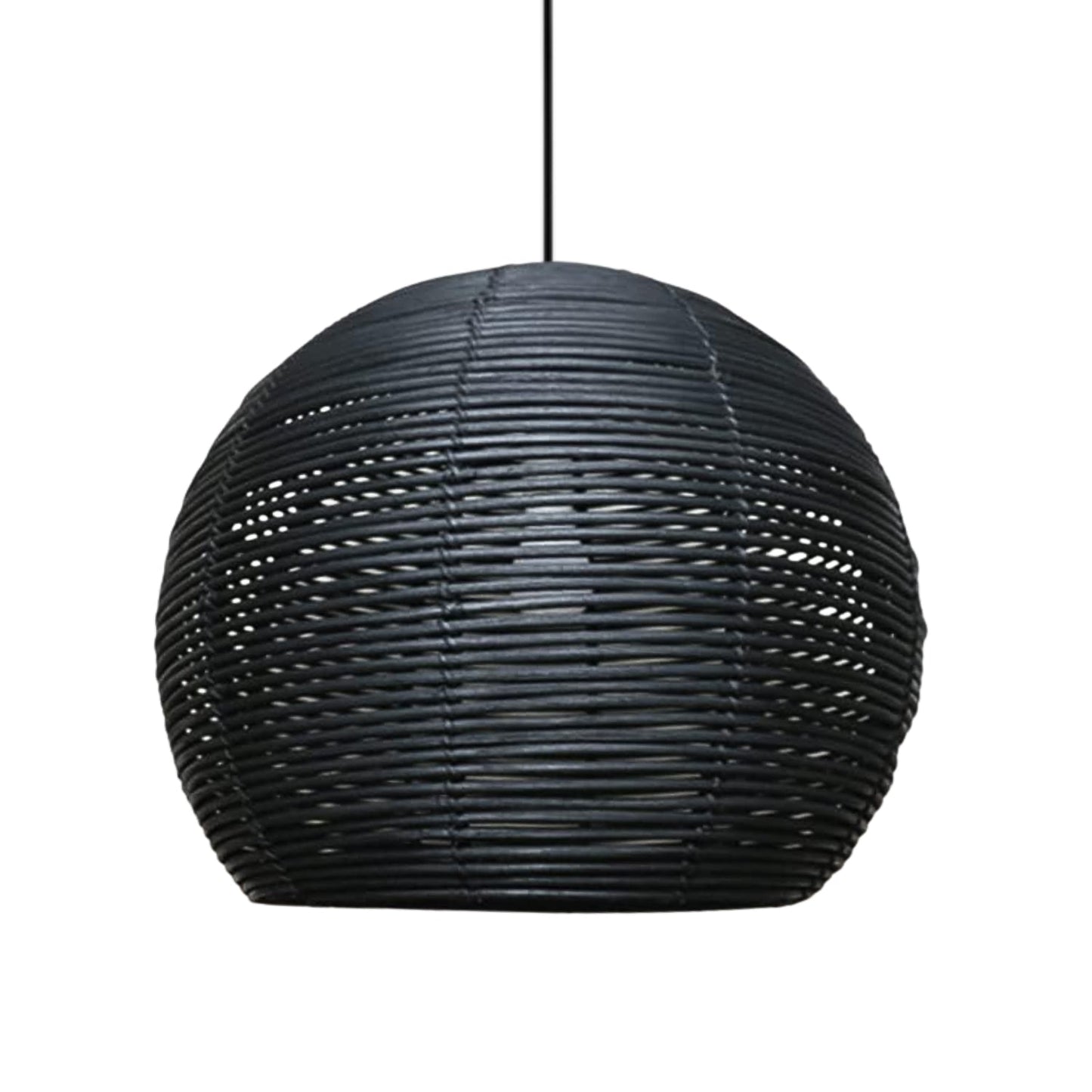 Two modern black rattan basket pendant lamps hanging over a white kitchen island