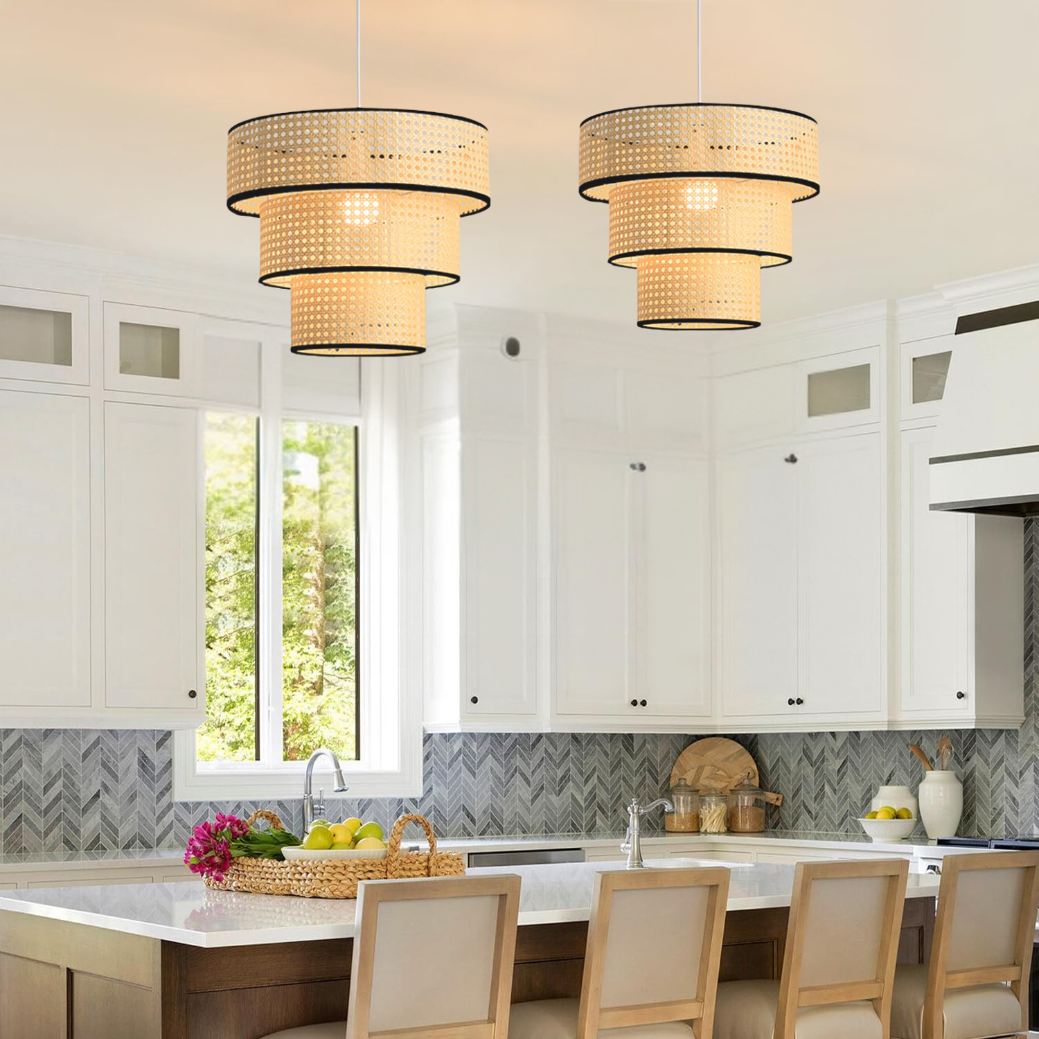 Modern coastal style rattan pendant lighting for dining room.