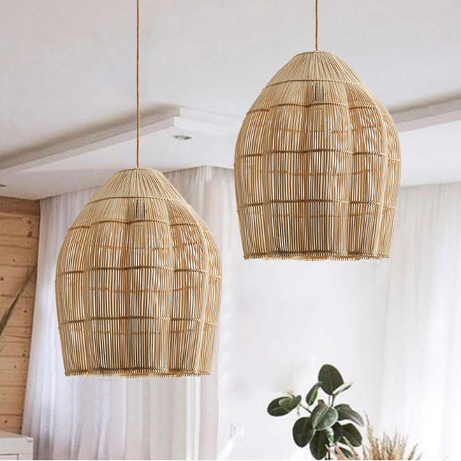 Modern farmhouse rattan bell pendant, bringing authentic, rustic, and warm country charm to ceilings.