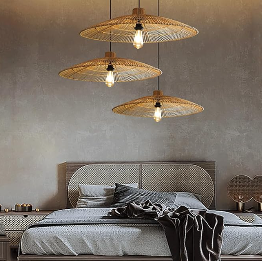 Modern Japandi Flat-Cone Shade – Handcrafted Linear Rattan Pendant