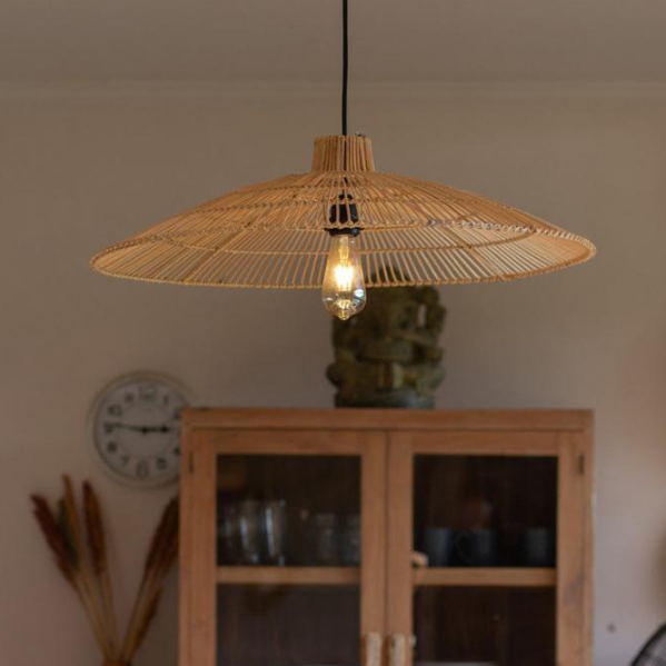 Modern Japandi Flat-Cone Shade – Handcrafted Linear Rattan Pendant