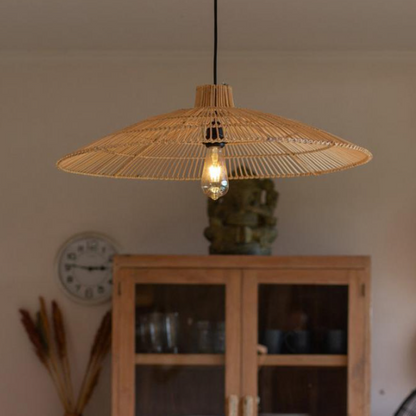 Modern Japandi Flat-Cone Shade – Handcrafted Linear Rattan Pendant