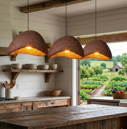 Minimalist Japandi pebble-shaped pendant light with rough stone texture