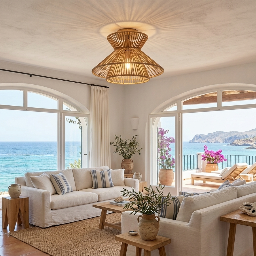 Modern Nordic style hemp flush mount light, perfect for a clean, Scandinavian minimalist aesthetic.
