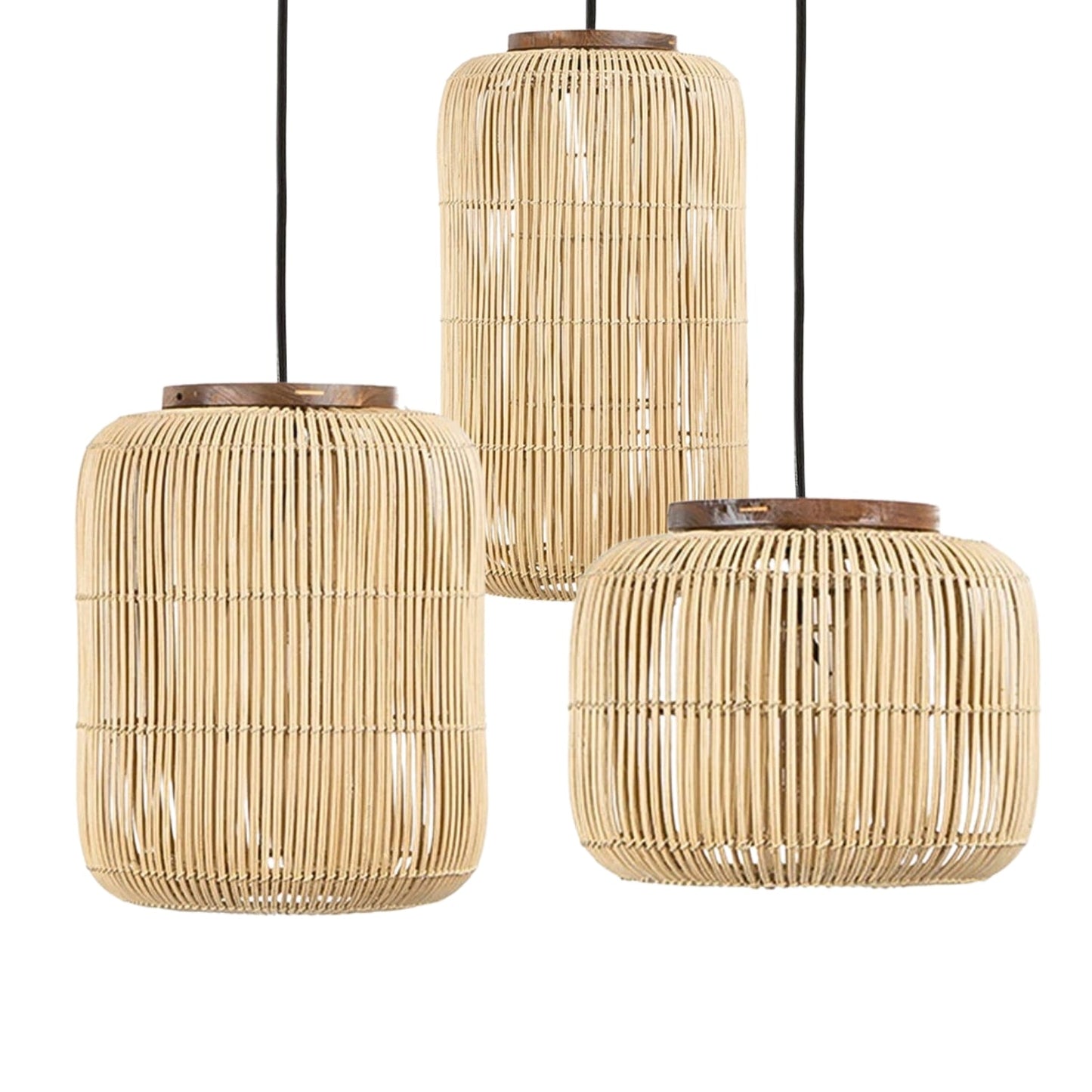 Minimalist capsule-shaped rattan hanging lamp cluster in natural wood tone casting vertical line shadows