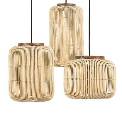 Minimalist capsule-shaped rattan hanging lamp cluster in natural wood tone casting vertical line shadows