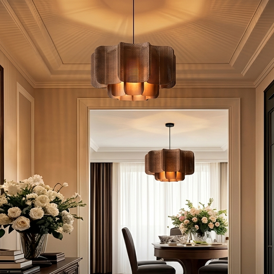 Decorative hallway hanging lamp, minimalist rattan style for home entry, tiered frame.