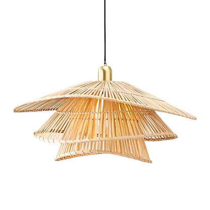 Modern tiered wicker island light fixture illuminating an earthy-toned dining space or entryway.