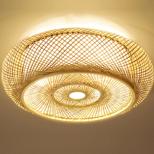  Premium modern rattan chandelier with a wide drum saucer profile suspended from a metallic canopy.