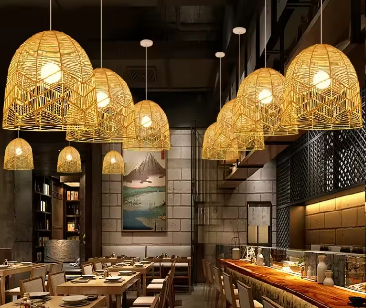 Aesthetic wicker kitchen lamp in a deep bell silhouette casting soft ambient light, perfect for dining spaces.