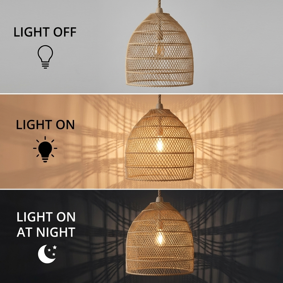 Modern Scandi-rattan bell pendant light, perfectly blending Nordic minimalism with warm natural fibers.