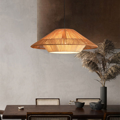 Wide brim bamboo hanging lamp in a two-tone rustic design, perfect for illuminating a modern wooden dining table.