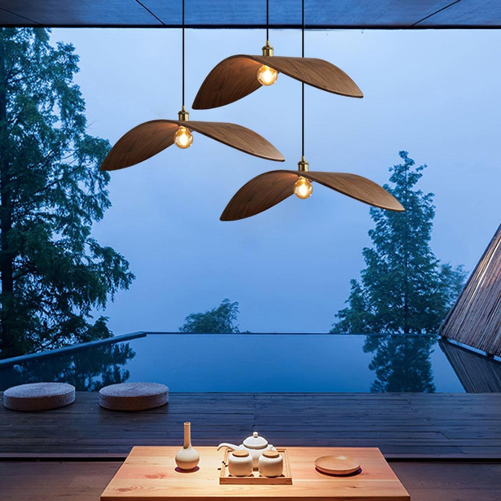 Zen wood wave pendant light creating relaxing ambiance for resort rooms