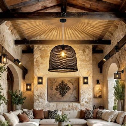 Natural bamboo pendant light creating a cozy and warm atmosphere in a living room.
