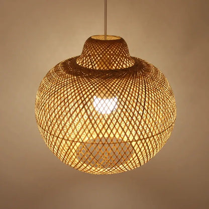 Natural bamboo pendant light, handcrafted with sustainable materials for healthy homes, spherical silhouette.