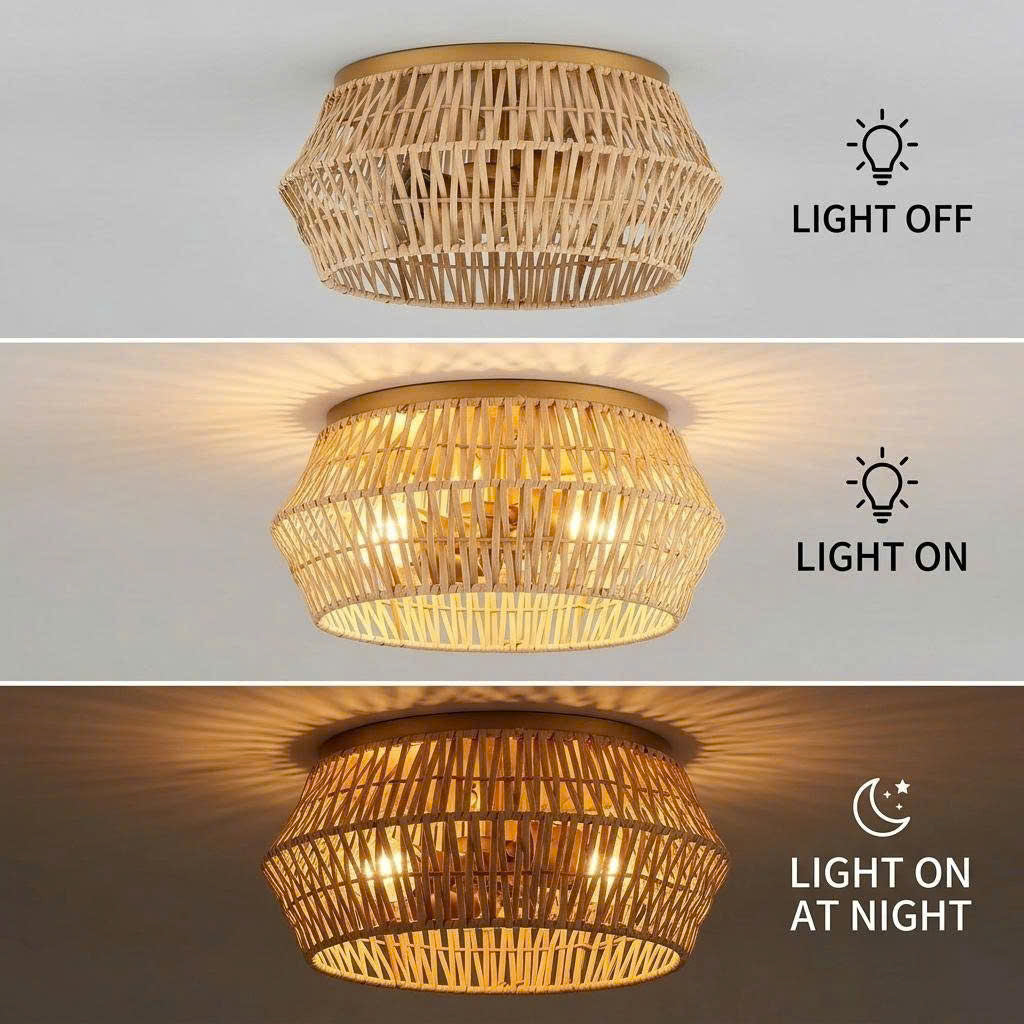 Natural botanical rattan light fixture, enhancing a healthy indoor climate with organic materials.