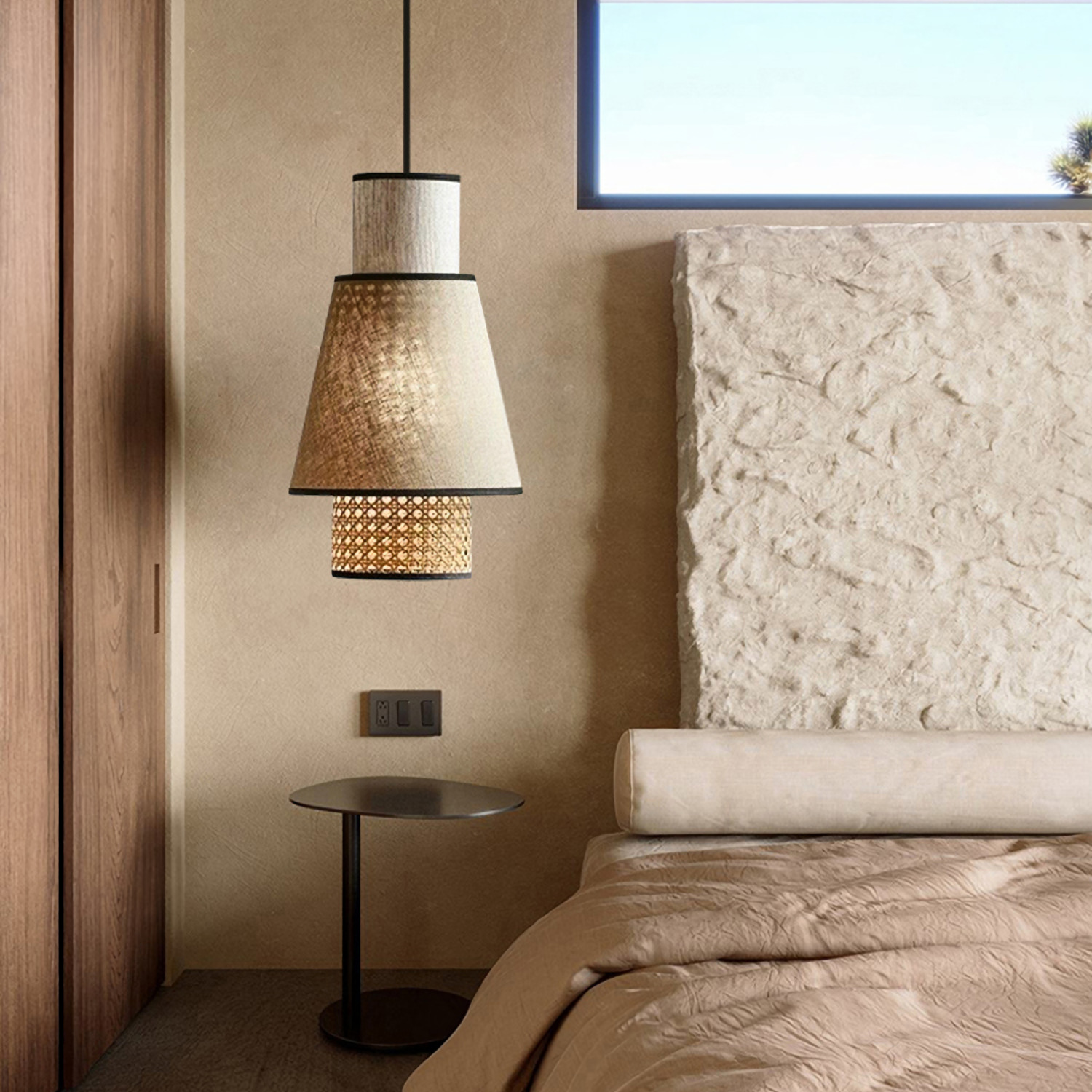 Serene cane and linen ceiling lamp designed for a master bedroom, promoting a restful and calm mood.