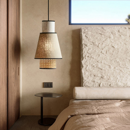 Serene cane and linen ceiling lamp designed for a master bedroom, promoting a restful and calm mood.