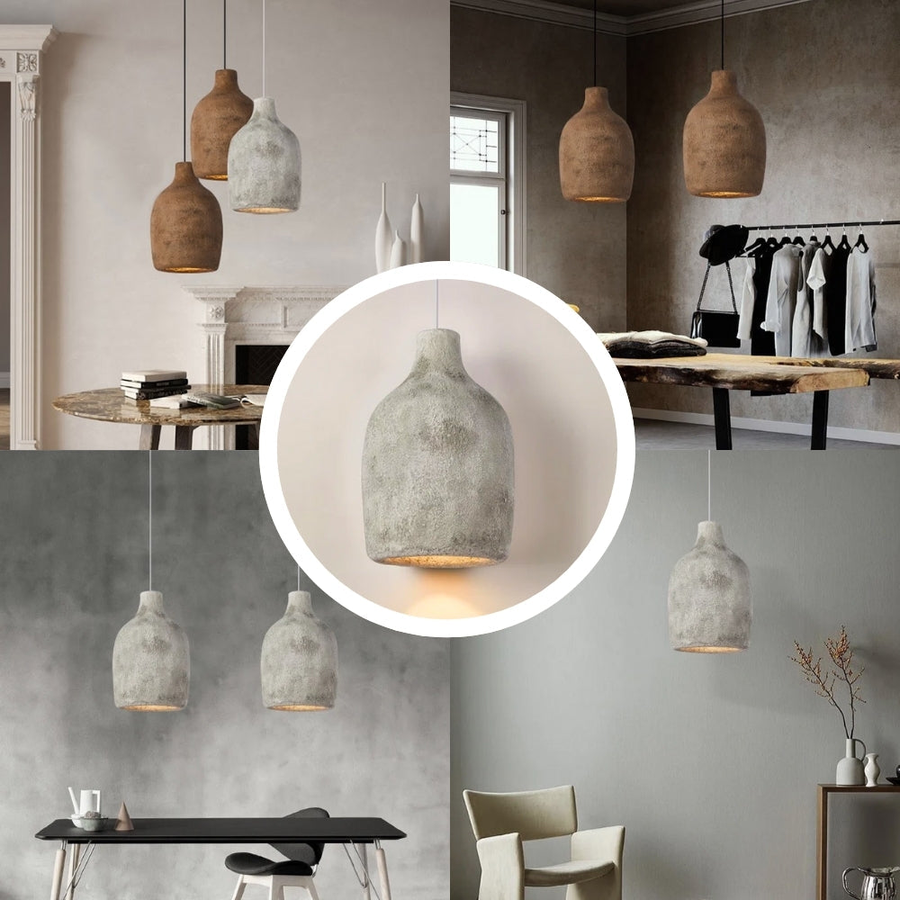 Natural clay hanging light featuring a unique organic textured finish