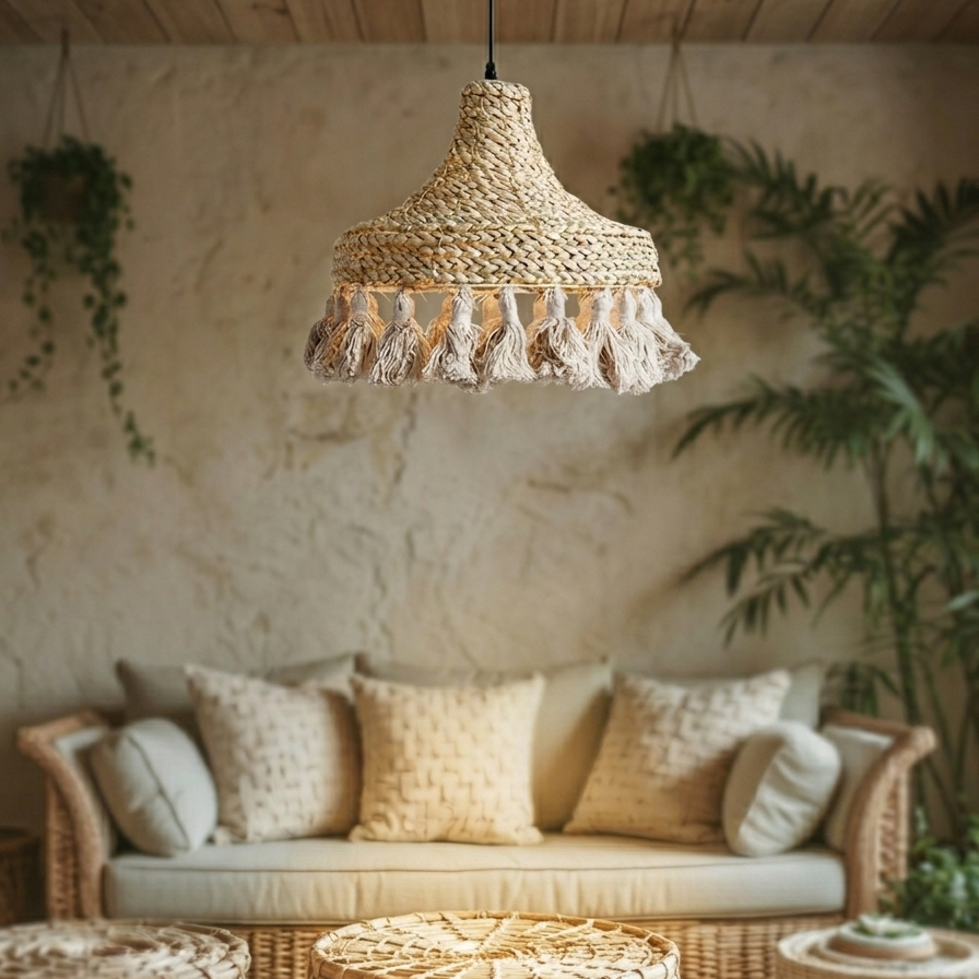 A natural hyacinth tassel pendant light serving as a stylish statement centerpiece in a living room.