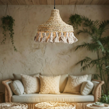 A natural hyacinth tassel pendant light serving as a stylish statement centerpiece in a living room.