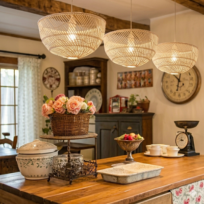 Serene rattan bowl ceiling lamp for a master bedroom, promoting a restful sleep environment.