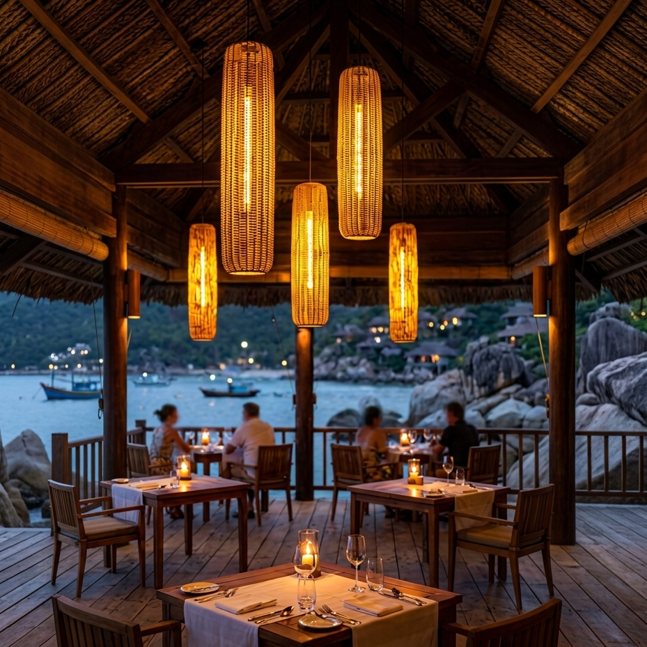 Modern natural rattan ceiling light illuminating a stylish bar counter in a luxury resort.