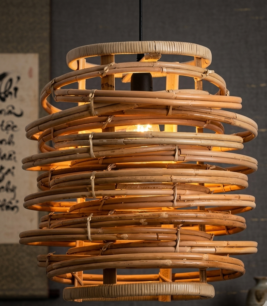 Modern natural rattan pendant light illuminating a stylish bar counter in a luxury resort.
