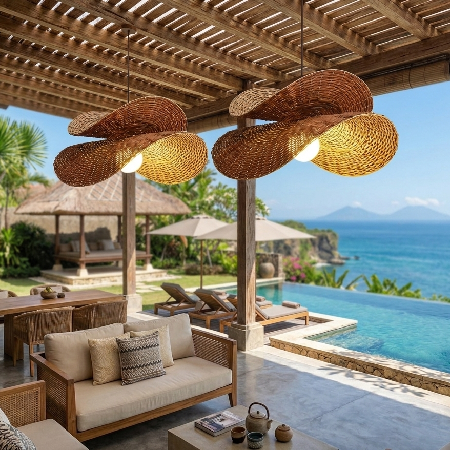 Modern natural rattan pendant light illuminating a stylish bar counter in a luxury tropical resort.
