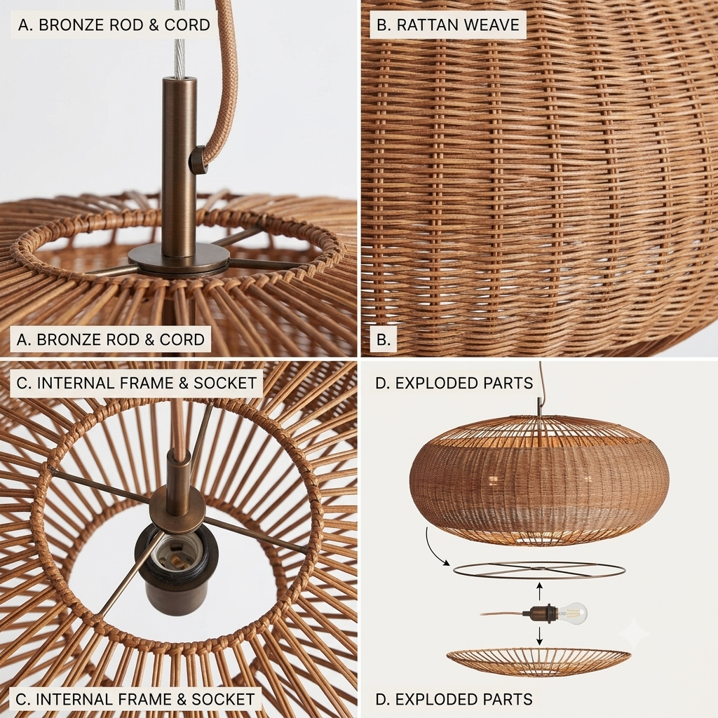 Hand-assembled rattan pendant lamp, natural finish for healthy, sustainable living.