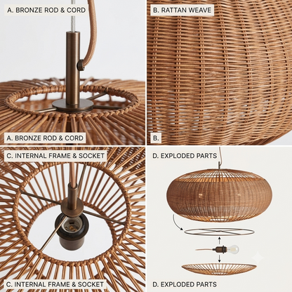 Hand-assembled rattan pendant lamp, natural finish for healthy, sustainable living.
