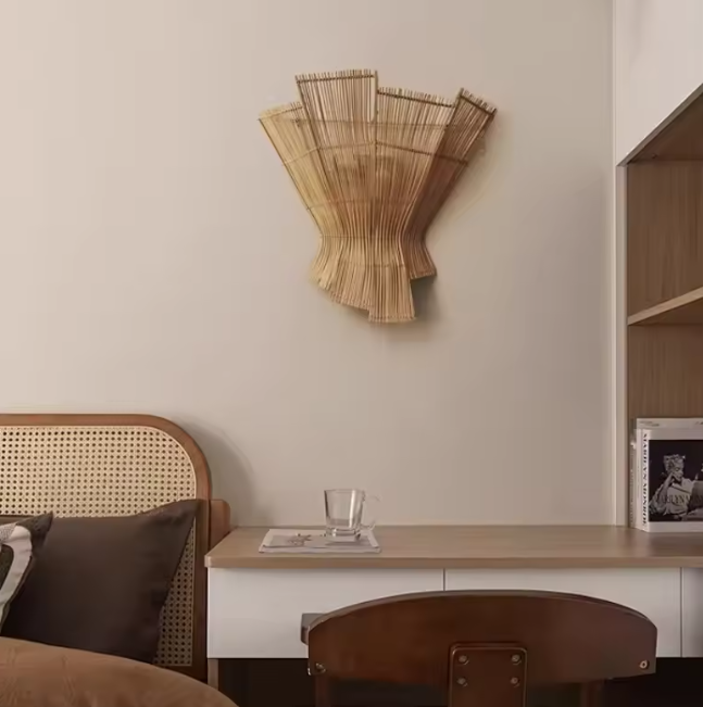 Handmade organic rattan task light ideal for natural restaurant interior design.