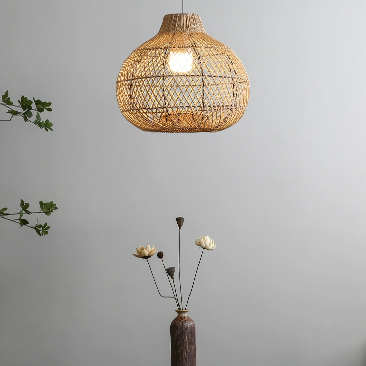 Handcrafted rattan pendant fixture cluster, organic look for eco-conscious households.